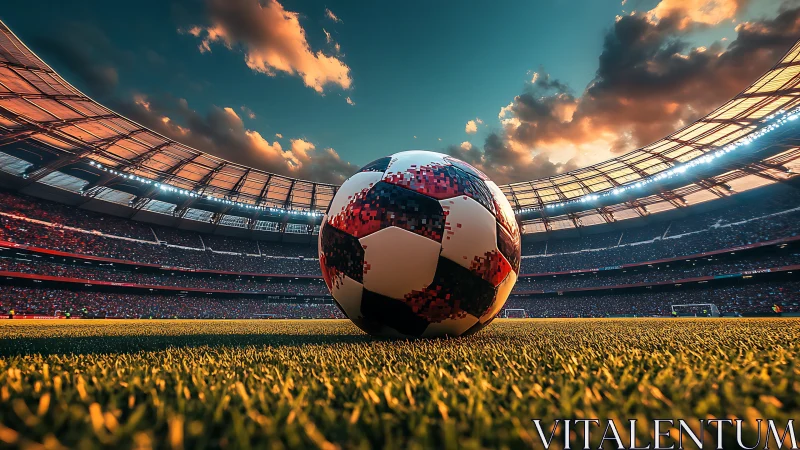 Soccer ball rests on grass in large illuminated stadium bowl