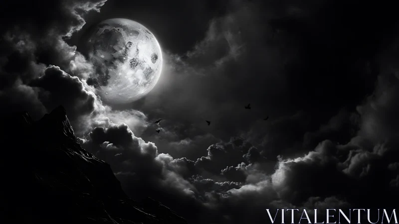 Luminous full moon backlights storm clouds in high-contrast sky