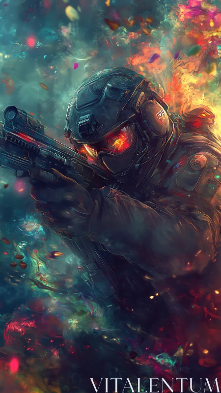 Cyber soldier aims rifle through molten cosmic firestorm.