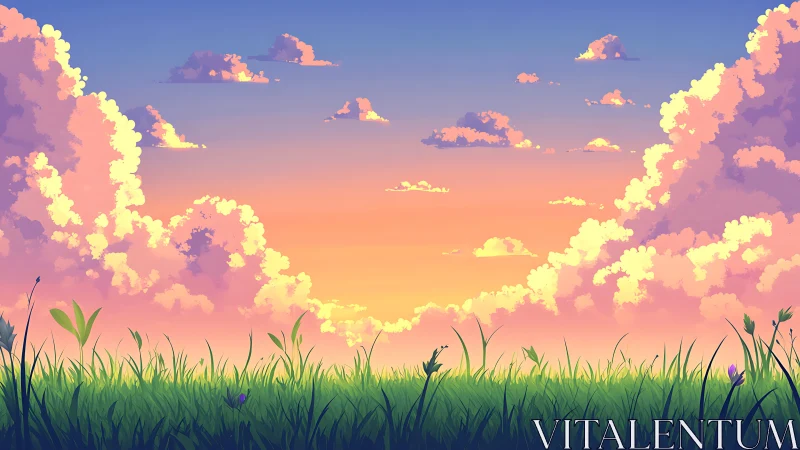 Sunset meadow glows beneath towering pastel clouds.