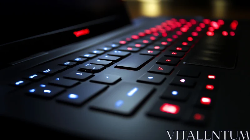 Backlit gaming laptop keyboard glows in a darkened room