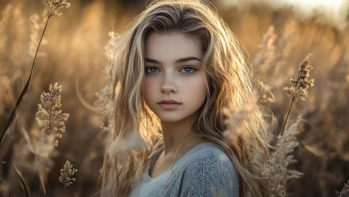 Golden hour portrait of young woman in soft meadow light.