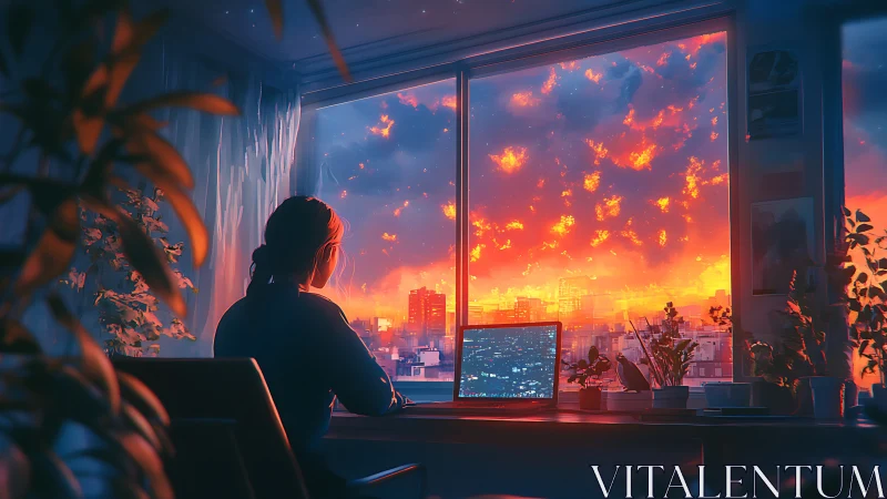 Digital painting of sunset workspace with cinematic city view.