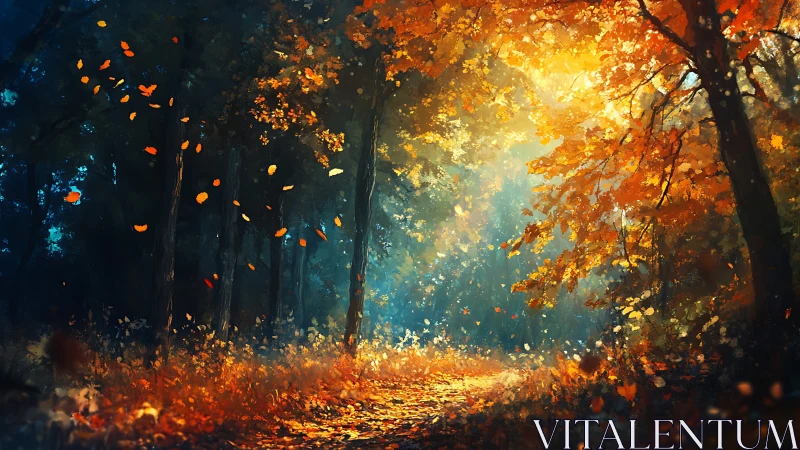 Golden Autumn Forest Path With Falling Leaves.