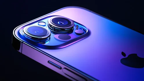 Smartphone camera module with dual lens arrangement and reflective gradient finish.