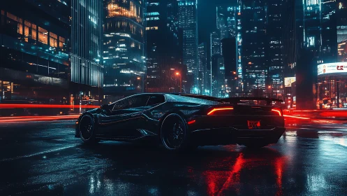 Cyberpunk supercar in neon-soaked nocturnal streetscape composition.