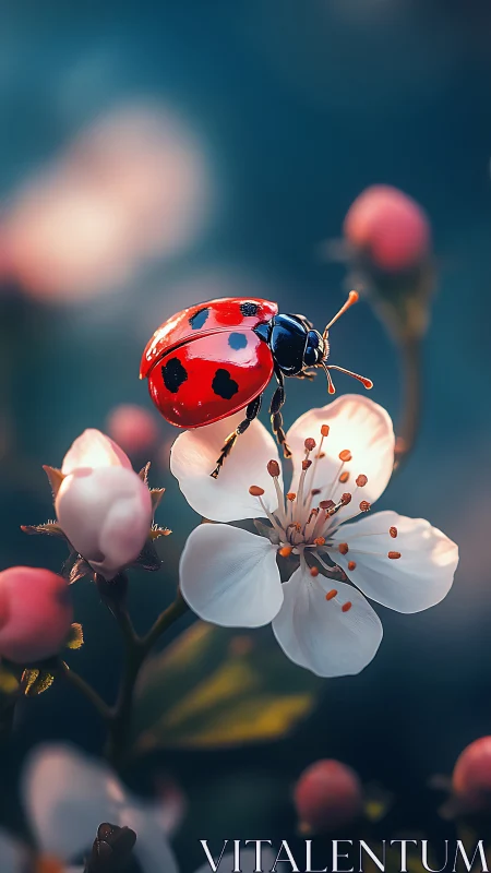 Ladybug rests on white blossom in soft spring bokeh