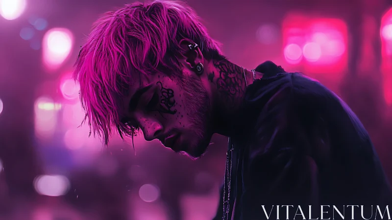 Neon magenta portrait of tattooed youth in blurred city glow