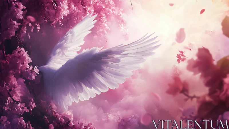 White angelic wings in luminous pink cherry blossom mist