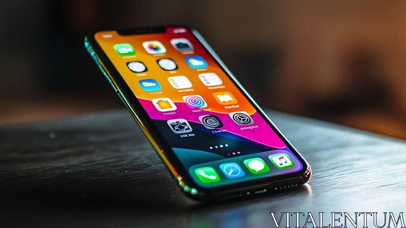 iPhone displaying app interface on wooden surface with blurred background.