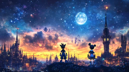 Starlit fantasy metropolis panorama under twin observers.