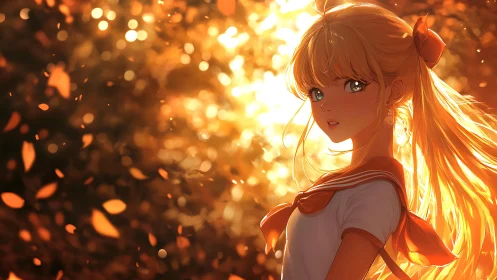Golden hour anime girl amid swirling autumn light.