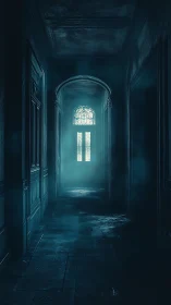 Gothic corridor receding into a fog-lit stained glass window
