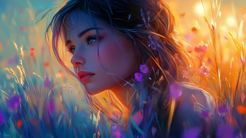 Sunlit profile in dreamy wildflower meadow at dusk.