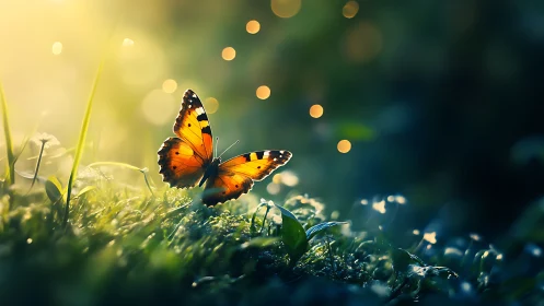 Vibrant orange butterfly on dewy grass with magical sunlight.