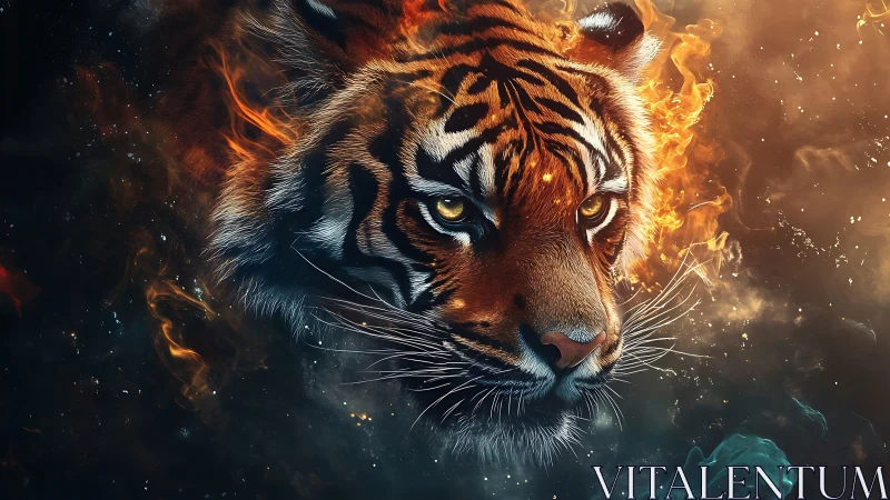 Stellar flame tiger emerging from cosmic dusk and embers.