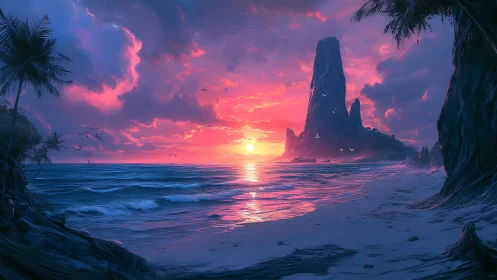 Luminous Sunset Over Coastal Limestone Formations and Tropical Bay