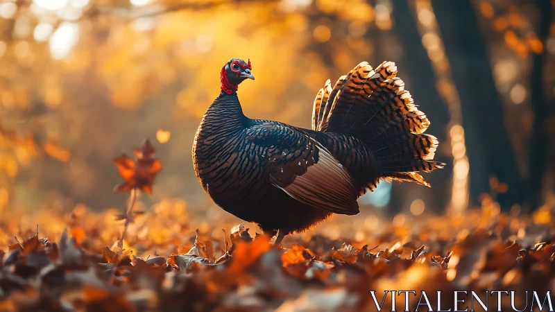 Wild Turkey Struts Through Autumn Blaze in Golden Light.