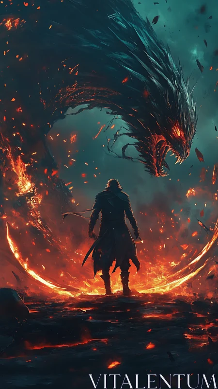 Lone warrior confronts infernal dragon amid swirling firestorm.