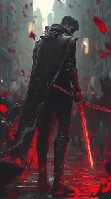 Red-lit cloaked swordsman dominates rain-soaked alleyway.