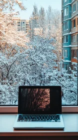 Open laptop on windowsill facing snowy residential view.