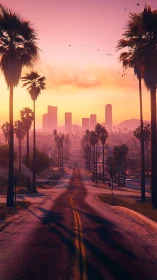 Sunset arterial road with palm-lined corridor and hazy skyline