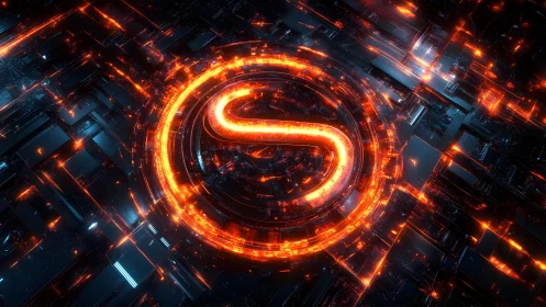 Glowing Futuristic S Symbol in Neon Circuit Board Design.