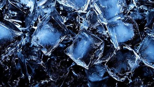 Close-up of Transparent Ice Cubes in a Cool Blue Light Setting.