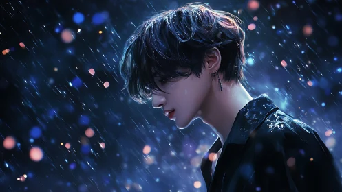 Midnight rain walk with a quietly luminous dreamer.