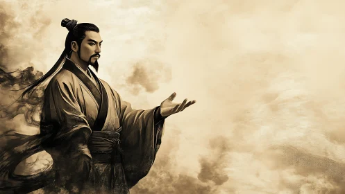 Wise robed figure welcomes the horizon with calm grace.