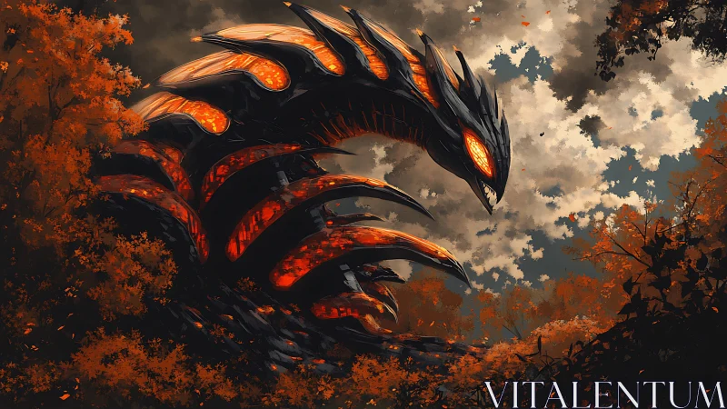 Segmented molten serpent structure within autumn forest.