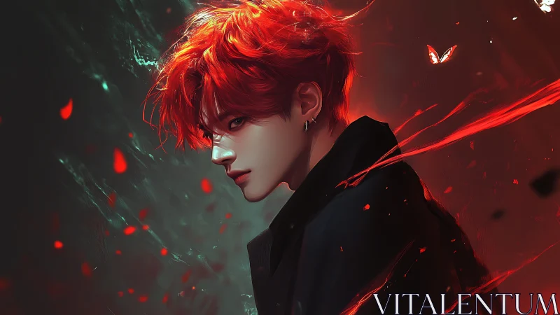 Chromatic flare portrait of red-haired youth in ember field.