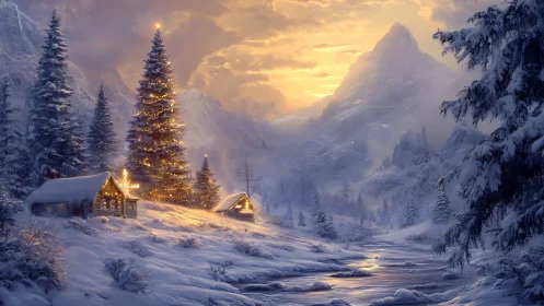 Snow-covered mountain valley with illuminated cabins at sunset