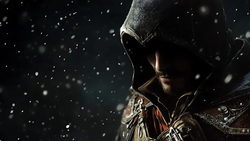 Hooded winter rogue broods beneath swirling battle snow.