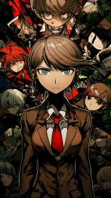 Central anime student amid fractured character collage composition