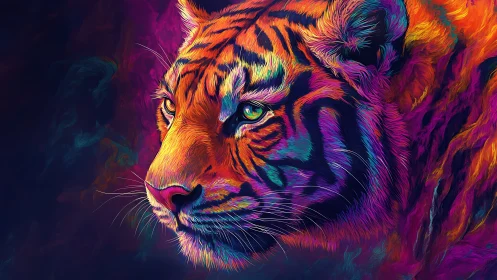 Neon chromatic tiger portrait in dynamic digital painting style.