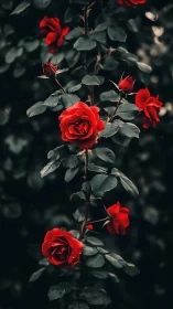 Vibrant Red Roses Blooming Against Dark Foliage.