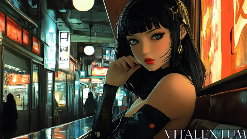 Neon alley portrait of noir styled woman at night market.