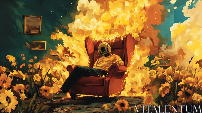 Person in helmet on chair amid blazing indoor flowers.