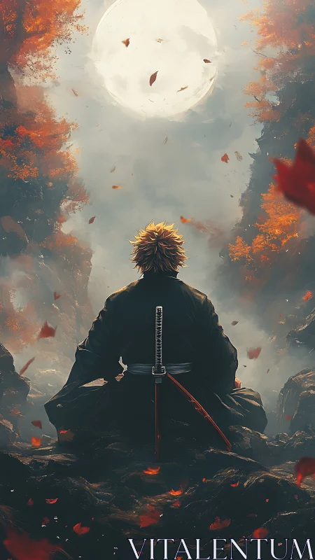 Lone samurai meditates beneath a vast autumn moonlit sky.