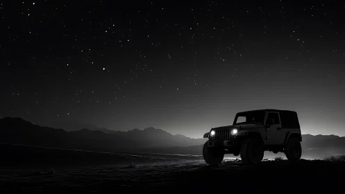 Photorealistic off-road SUV under starlit desert horizon.