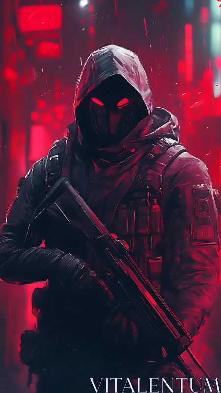 Hooded armed figure stands in neon-lit red urban corridor