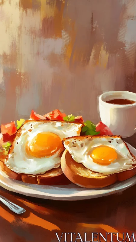 Sunny-side breakfast duet on toast with cozy coffee glow.