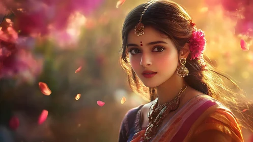Young woman in traditional attire amid soft floral light.