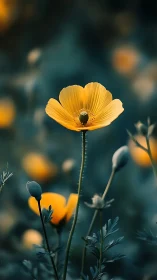 Golden wildflower rises softly from a cool teal meadow haze