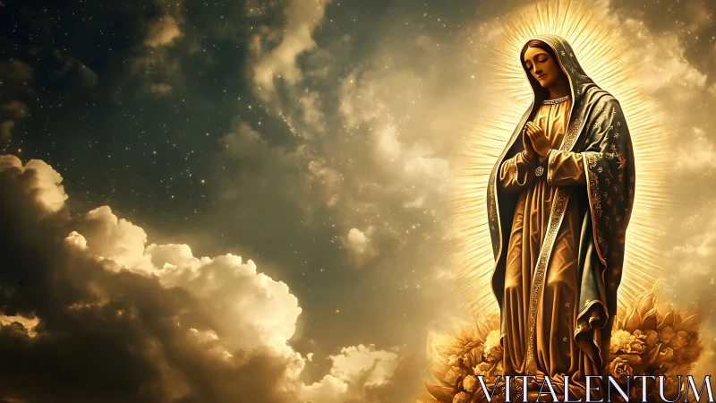 Golden robed female figure with halo amid luminous clouds.