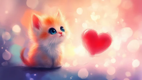 Fluffy Kitten with Heart - Dreamy Bokeh Illustration