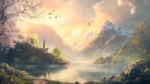 Idyllic alpine lake valley with chapel under warm volumetric light