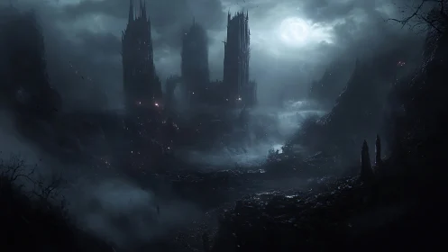 Gothic moonlit citadel in misted ravine, digital painting study.