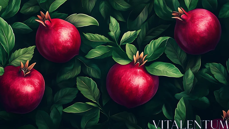 Digital still life renders glossy pomegranates in dense foliage